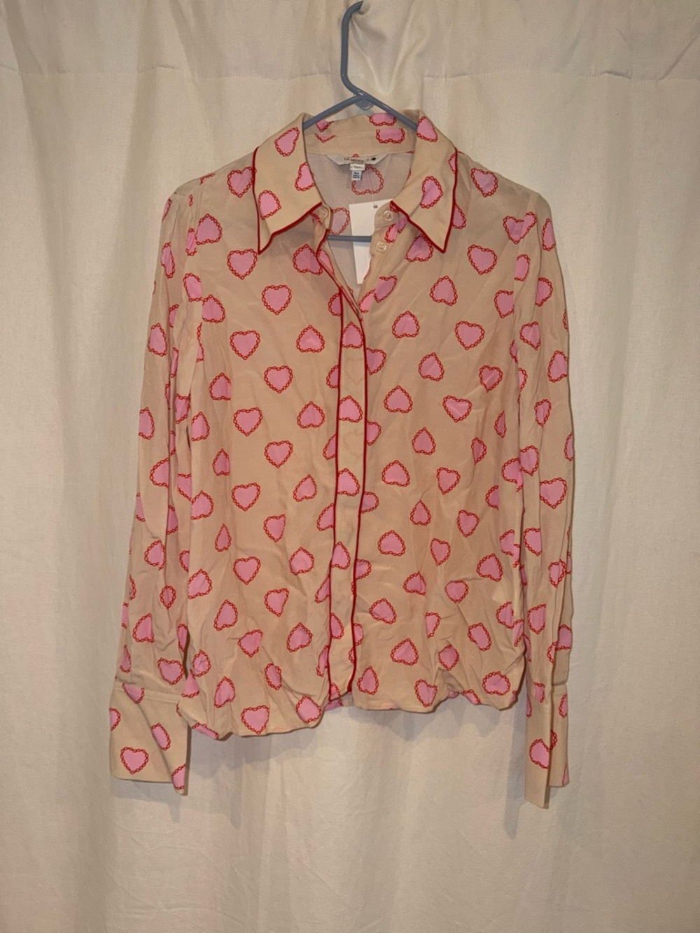 LK Bennett Beige Heart Print Button-Up Blouse with Pink Accents
